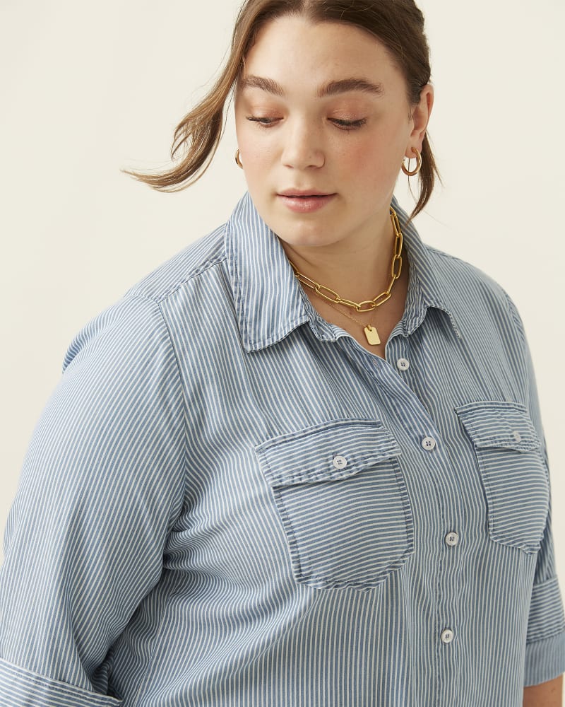 Front of plus size Myla Button-Down Chambray Shirt by Molly&Isadora | Dia&Co | dia_product_style_image_id:194227